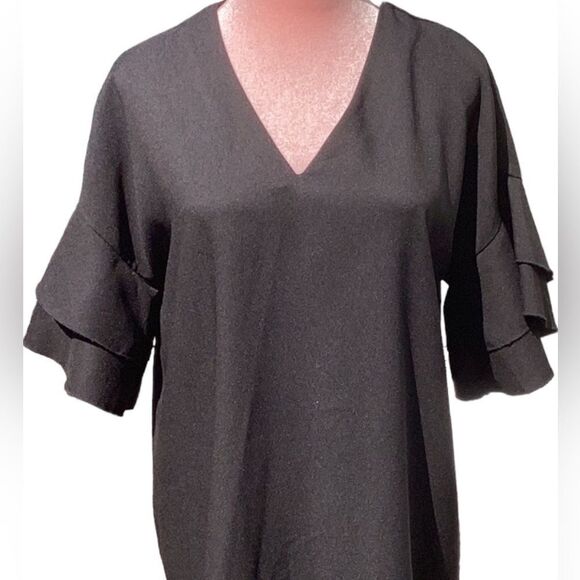BANANA REPUBLIC WOMENS SHIFT MINI DRESS BLACK RUFFLED SLEEVES SIZE 2 - Picture 4 of 7